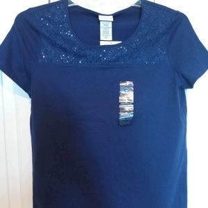 NWT Jacklyn Smith Navy Blue Sequin Top Size MEDIUM Tee Embellished Short Sleeve